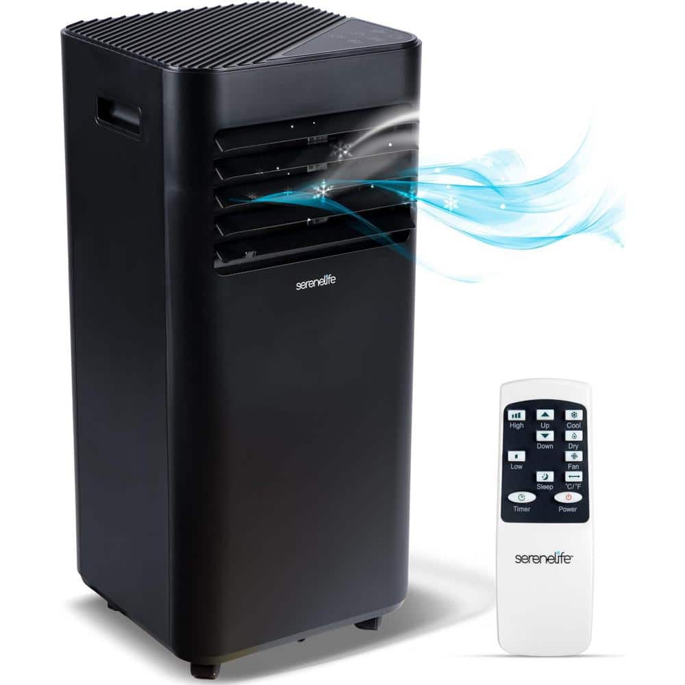 SereneLife 10,000 BTU (DOE) Compact Home Portable Air Conditioner Cools 1,000 sq. ft. Built in. Dehumidifier with Remote in Black
