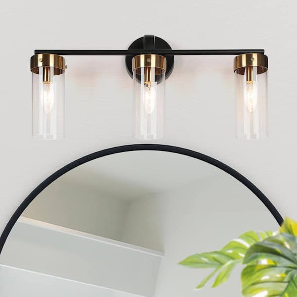 Zevni 21.5 in. Modern 3-Light Black Bathroom Vanity Light, DIY Vintage Brass Gold Bath Lighting with Cylinder Clear Glass