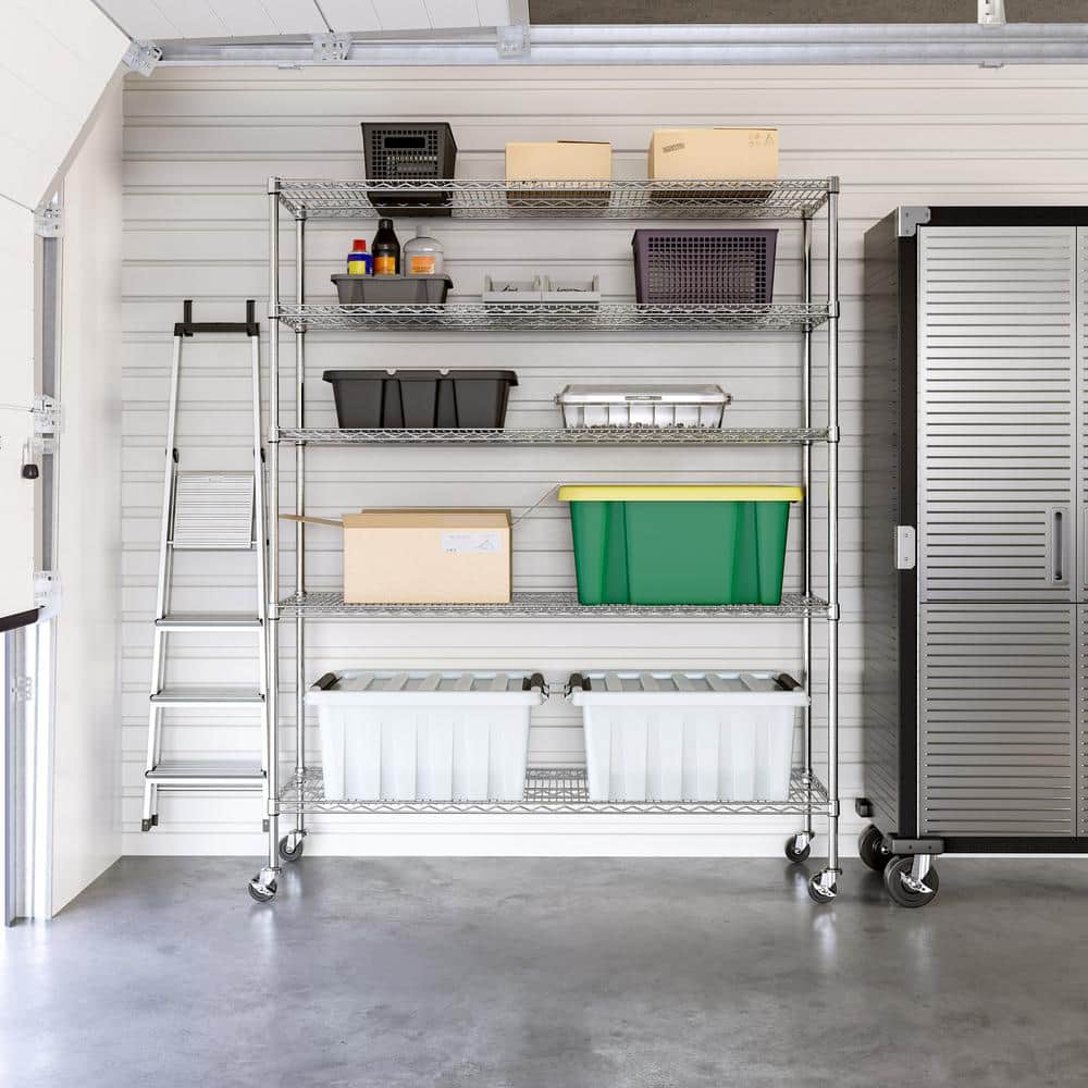 UltraDurable 5-Tier Silver Steel Shelving Unit with Wheels