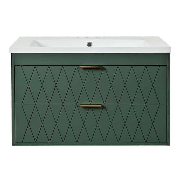 30 in. Single Sink Floating Green Bath Vanity with White Resin Top, 2 Drawers, Solid Wood Frame