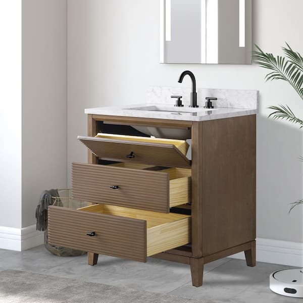 30 in. W x 22 in. D Single Sink Freestanding Walnut Bath Vanity Cabinet with White Engineered Marble Top
