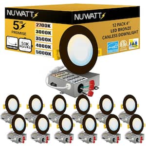 4 in. Bronze Trim 5CCT 27K-50K Ultra Thin Canless New Construction IC Rated Integrated LED Recessed Lighting Kit 12 Pack