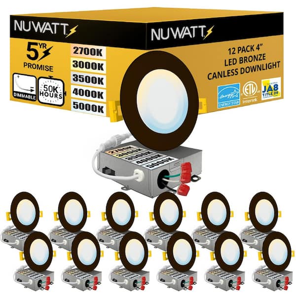 4 in. Bronze Trim 5CCT 27K-50K Ultra Thin Canless New Construction IC Rated Integrated LED Recessed Lighting Kit 12 Pack