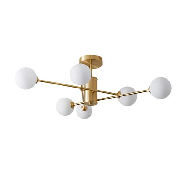 33.46 in. 6-Light Brass Modern Sputnik Chandelier Industrial Semi-Flush Mount Ceiling Light with Milk White Glass Shade