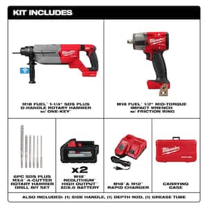 M18 FUEL ONE-KEY 18V Lith-Ion 1-1/4 in. SDS-Plus Rotary Hammer w/(2) 6.0 Ah Bat w/1/2 in. Impact Wrench & Drill Bit Set