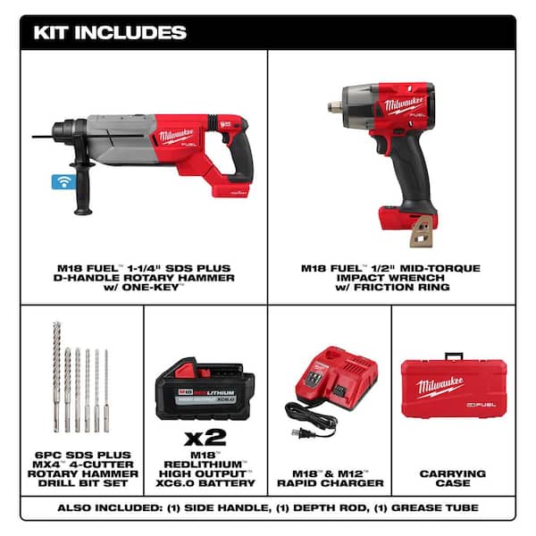 M18 FUEL ONE-KEY 18V Lith-Ion 1-1/4 in. SDS-Plus Rotary Hammer w/(2) 6.0 Ah Bat w/1/2 in. Impact Wrench & Drill Bit Set