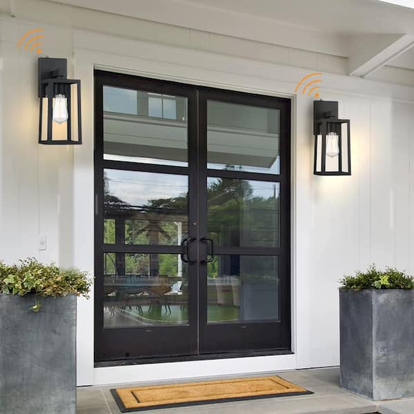 1-Light 13.9 in. H Matte Black Finish Hardwired Outdoor Wall Lantern Sconce with Dusk to Dawn (4-Pack)