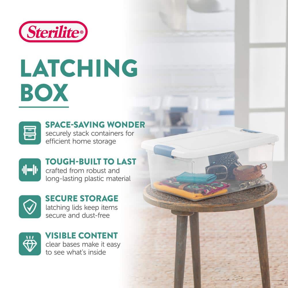 Clear Plastic Stackable Storage Box with White Lid and Blue Latches