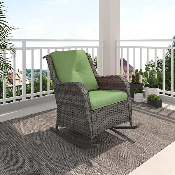 INMITOM Wicker Outdoor Rocking Chair Lounge Chair Patio with Green Cushion