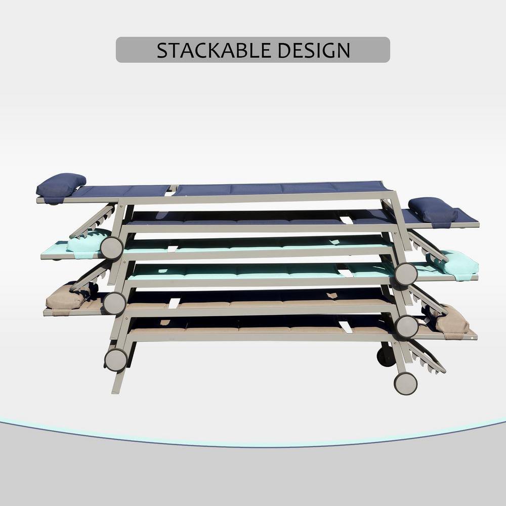 Khaki Aluminum Adjustable Outdoor Chaise Lounge Set with Side Table