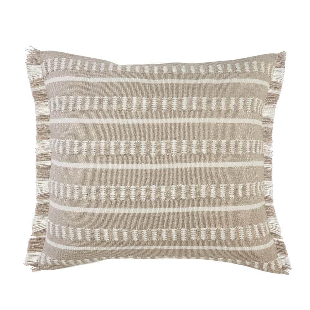Dash Gray/White Square Striped Outdoor Throw Pillow with Fringe