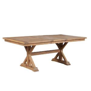 42 in. Natural Brown Wood Top Double Pedestal Dining Table with Extendable Leaf and Trestle Base Seats 6