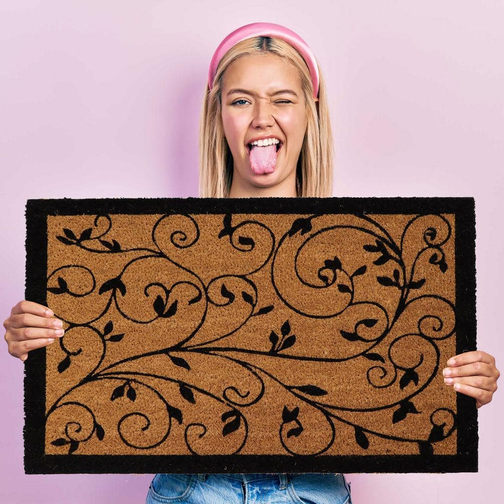 Natural Coir Outdoor Doormat with Black Leafy Vine Print