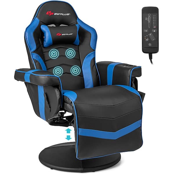 Costway Massage Gaming Recliner Blue Height Adjustable Racing Swivel Chair with Cup Holder