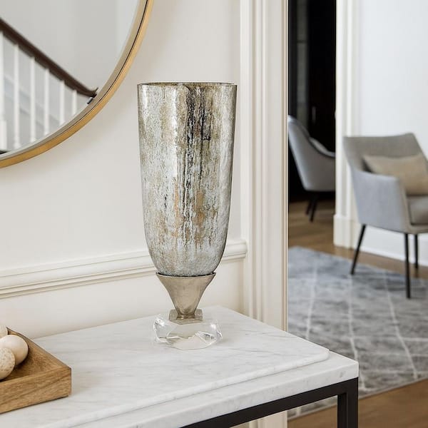 castellousa Gray 16 in. Decorative Modern Handmade Aluminum Glass UrnFlower Vase