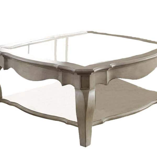 42 in. Brown/Clear Large Square Glass Coffee Table with Shelf