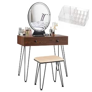 Brown Bedroom Vanity with 3 Lighting Modes Mirror, Makeup Dressing Table and Vanity Stool