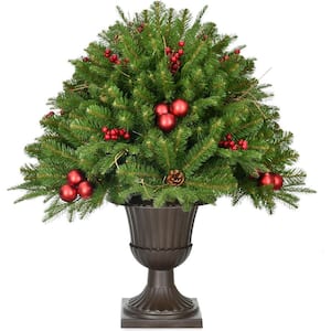 36 in. Christmas Joyful Porch Tree in Pedestal Urn with Pinecones, Berries and Ornaments