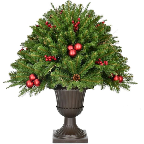 Fraser Hill Farm 36 in. Christmas Joyful Porch Tree in Pedestal Urn with Pinecones, Berries and Ornaments