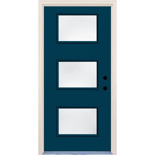 Builders Choice 36 in. x 80 in. Left-Hand Atlantis 3 Lite Clear Glass Painted Fiberglass Prehung Front Door with Brickmould