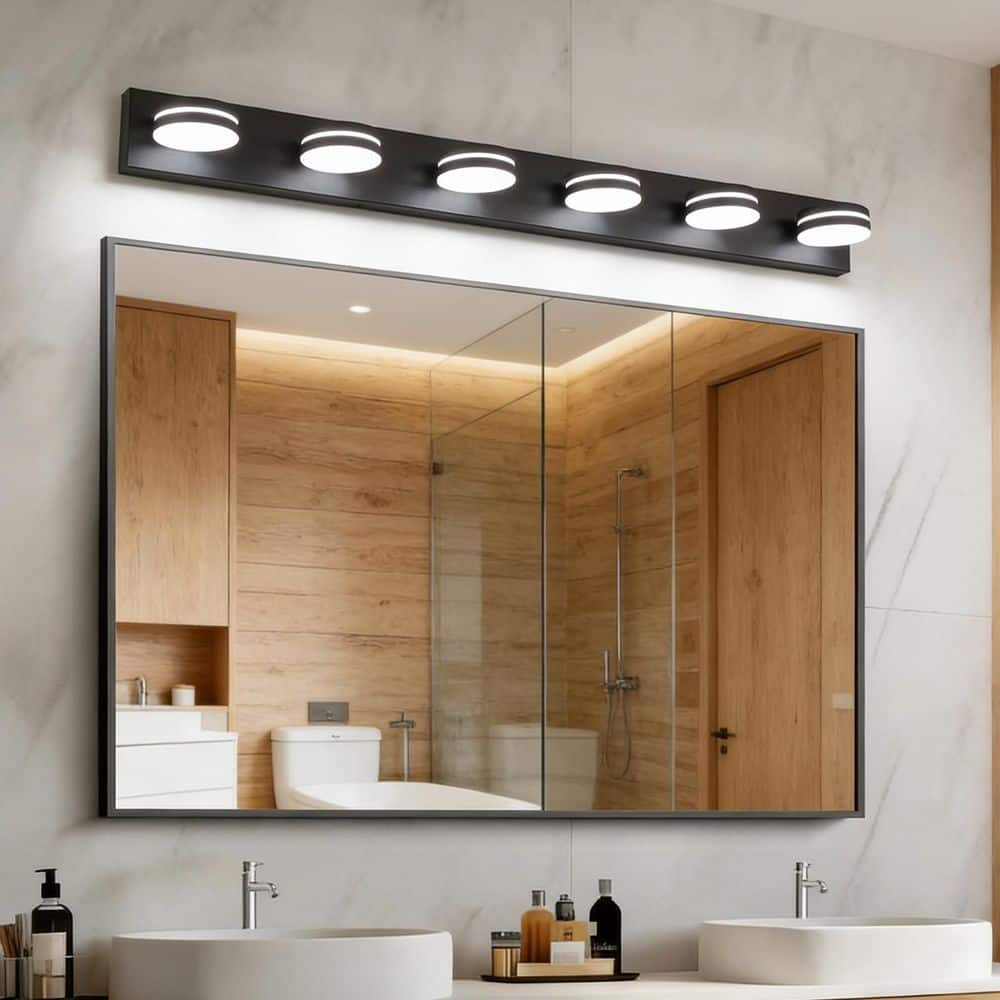 JUSHENG 47 in. 6-Light Black LED Vanity Light with Dimmable 5500K Light ...