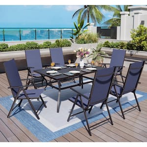 7-Piece Black Metal Patio Outdoor Dining Set with Blue Folding Reclining Sling Chair