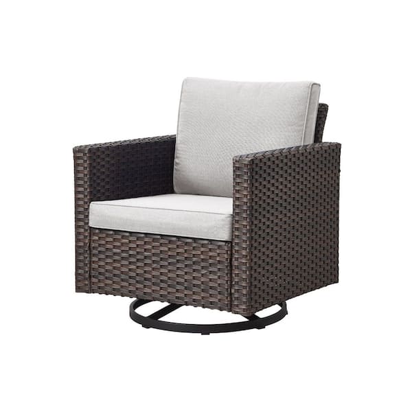 Brown Swivel Wicker Outdoor Lounge Chair with Beige Cushions