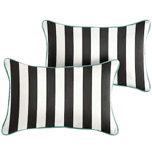 Sunbrella Black White Stripe with Aruba Blue Rectangular Outdoor Corded Lumbar Pillows (2-Pack)