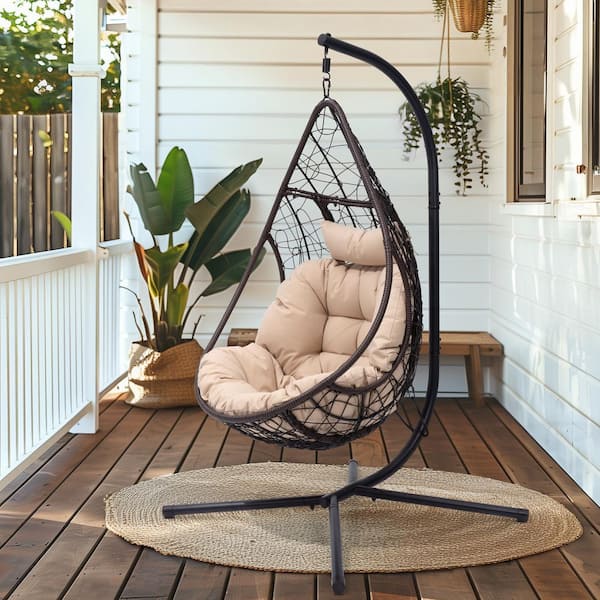 Crestlive Products 1-Person Wicker Patio Swing with Stand and Cushion in Beige