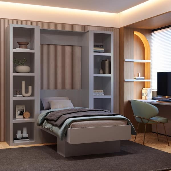 Oakland Living Easy-Lift Gray Wood Frame Twin Murphy Bed with Bookcase