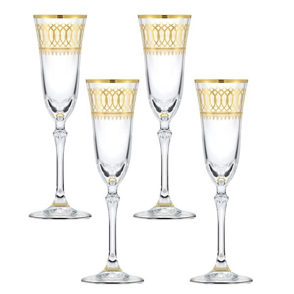Lorren Home Trends 5 oz. Traditional Champagne Flute Stem Set with Gold Motif (Set of 4)