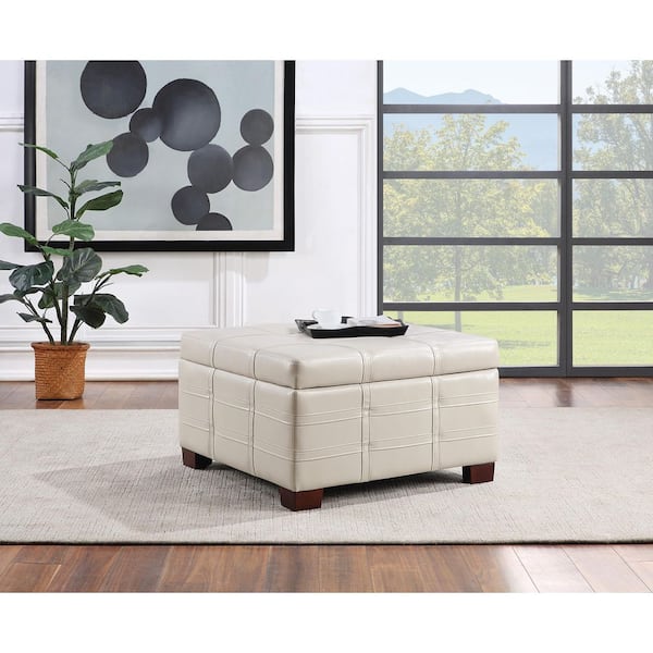 Detour Strap Square Storage Ottoman in Cream Faux Leather