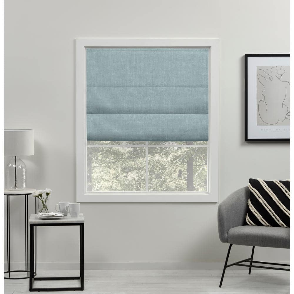 Acadia Aqua Cordless Blackout Roman Shade with Linen Look Fabric, 34" x 64"