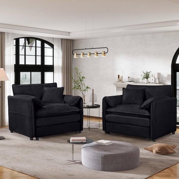 Camila Modern Black Upholstered Chenille Oversized Accent Arm Chairs with Pillows, Set of 2