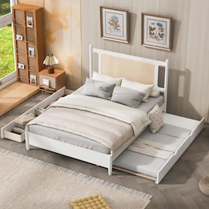 White Wood and Rattan Frame Queen Platform Bed with a Twin Size Trundle and 2 Storage Drawers