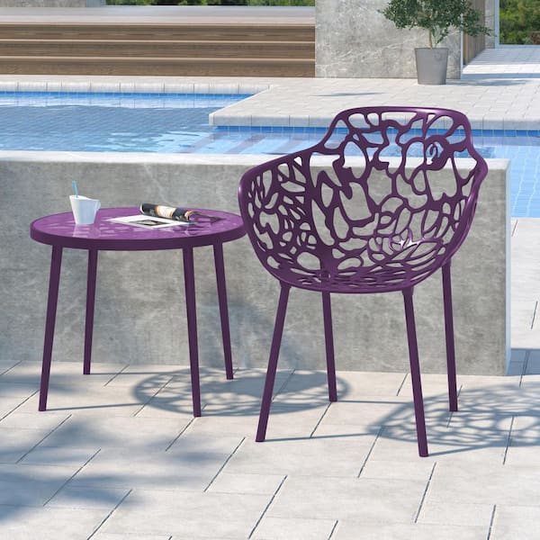 Leisuremod Devon Outdoor Dining Chair in Aluminum Modern Stackable Design Patio Arm Chair in Purple
