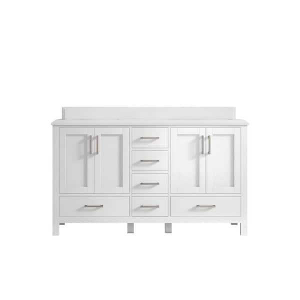 Willow Collections Malibu 60 in. W x 22 in. D x 36 in. H Double Sink Bath Vanity in White with Cove Edge White Quartz Top