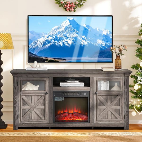 ToolCat 58 in. Freestanding Electric Fireplace TV Stand with Faux Stacked Stone Surround 18 in. Fireplace Insert, Cherry Brown