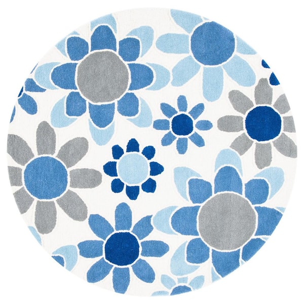 Kids 5 ft. x 5 ft. Ivory/Blue Oversized Floral Round Area Rug