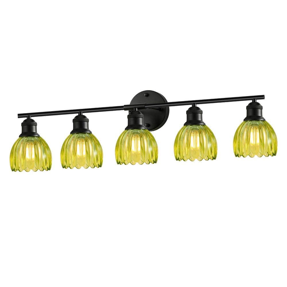 32.8 in. 5-Light Matte Black and Green Bathroom Vanity Light Fixture with Tulip Glass Shades Wall Sconce price history on PriceWatchPro