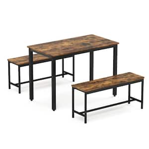 3-Piece Wood Outdoor Dining Set, 2-Dining Benches, Kitchen Table Counter, Industrial for Kitchen Breakfast Table, Brown