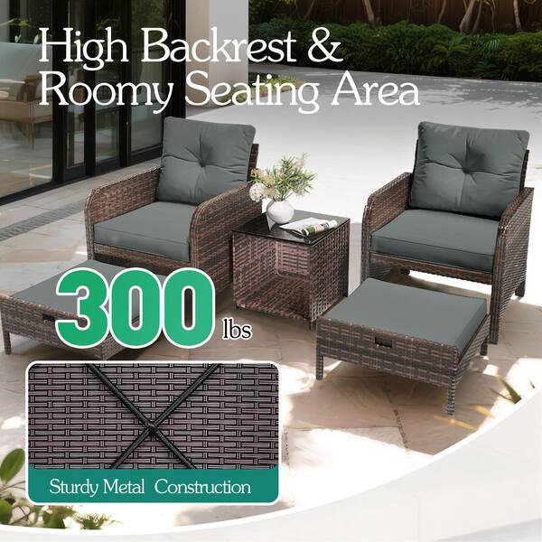 5-Pieces Wicker Patio Furniture Set, Outdoor Chairs with Ottomans, Dark Gray Cushions