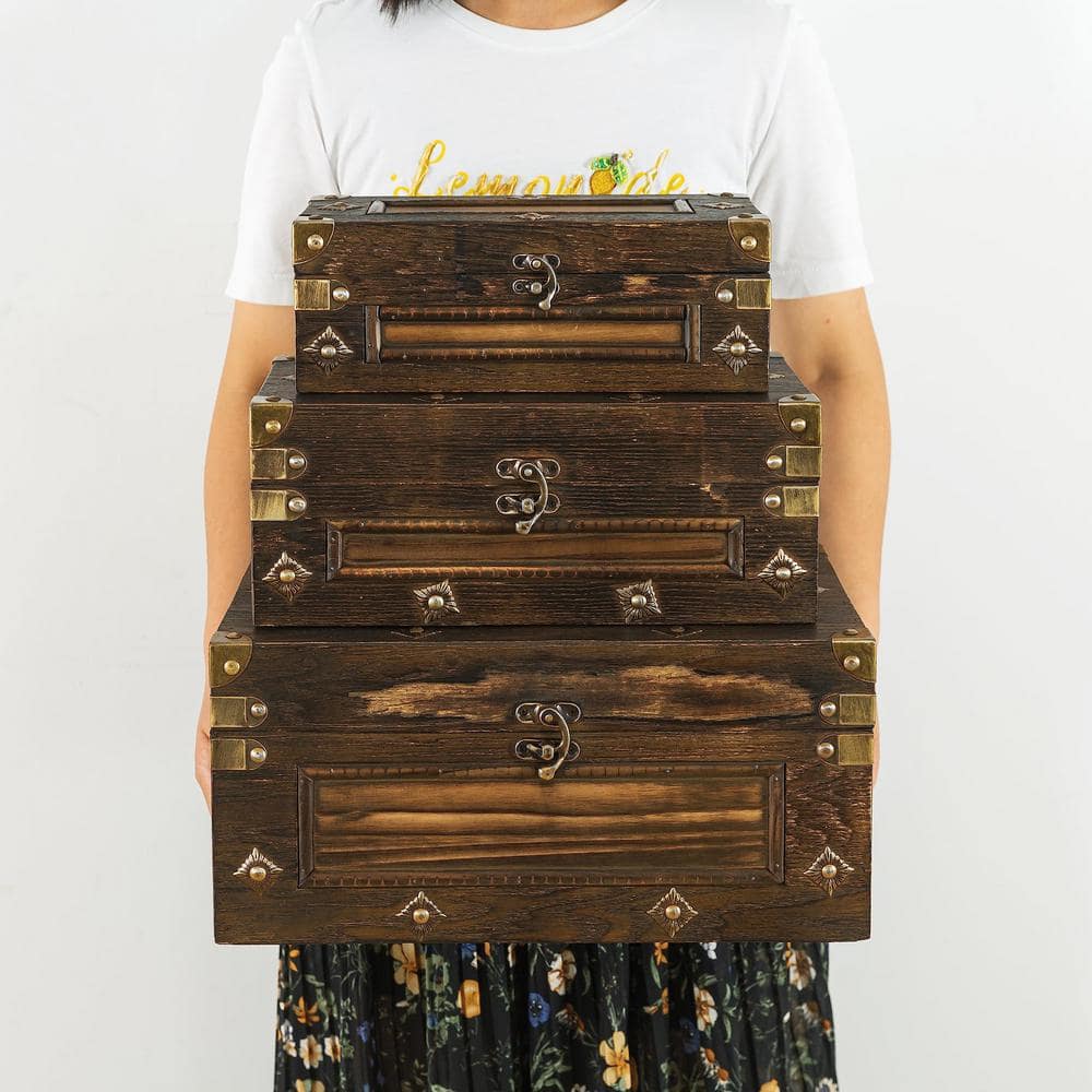 Vintage Dark Brown Wood Decorative Storage Box Set with Hinged Lids