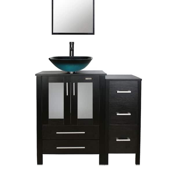 36 in. W x 20 in. D x 32 in. H Turquoise Single Sink Bath Vanity in Black with Black Top and Mirror ORB Faucet Drain Set