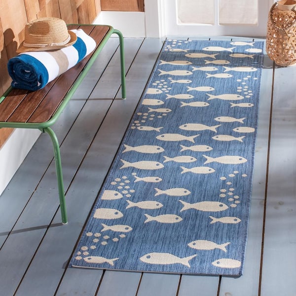 Courtyard Blue/Beige 2 ft. x 14 ft. Novelty Fish Indoor/Outdoor Patio  Runner Rug