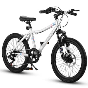 20 in. Kids` Mountain Bike Ages 8-12,7 Speed Teenager Children Bicycles, Front Suspension Disc U Brake, White