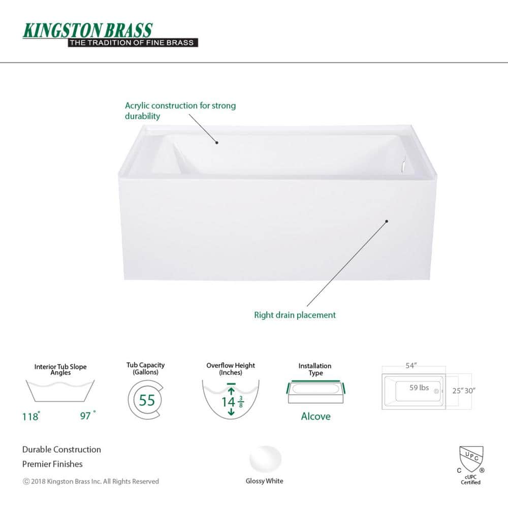 54-Inch White Acrylic Alcove Bathtub with Right Hand Drain