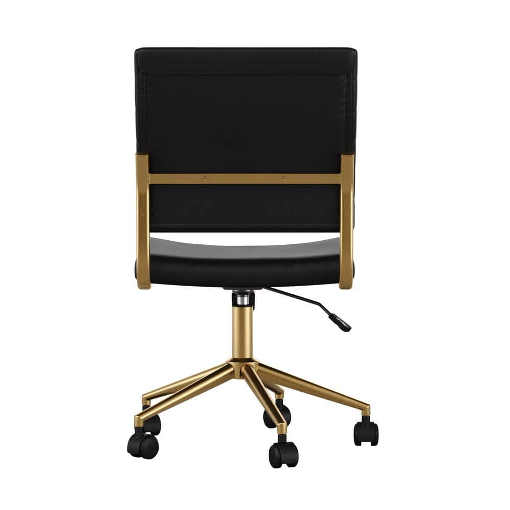 Black Faux Leather Armless Swivel Office Chair with Brass Frame