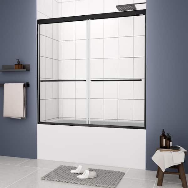Unbranded 60 in. W x 58 in. H Framed Double Sliding Tub Door in Matte Black with Clear Tempered Glass