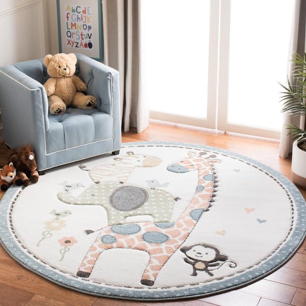Carousel Kids Ivory 4 ft. x 4 ft. Animal Print Round Area Rug